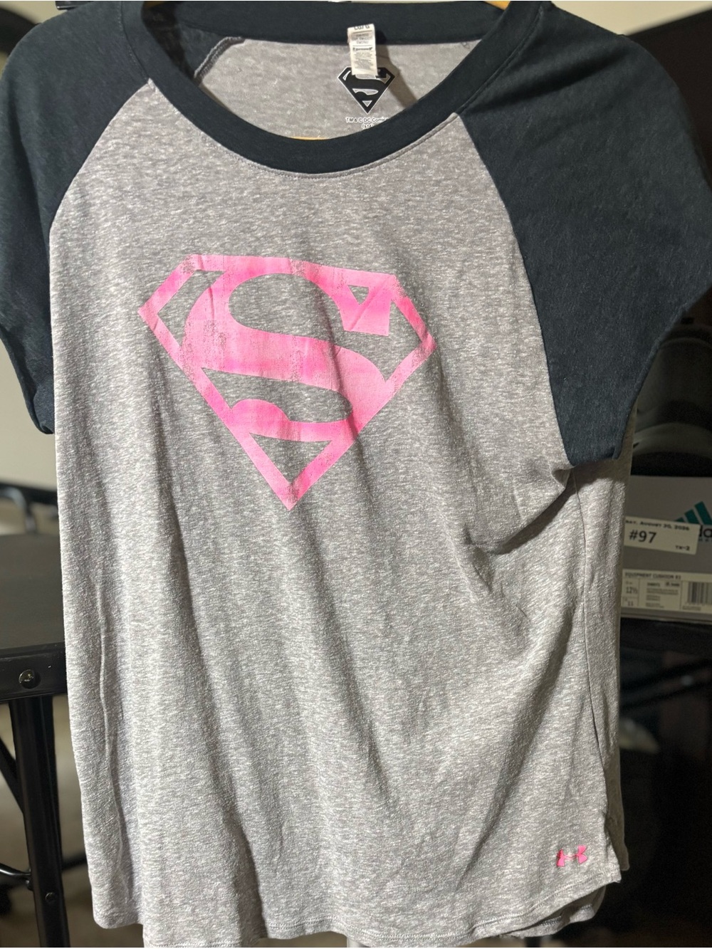 Under Armour Gray Raglan Tee with Pink Superman Logo